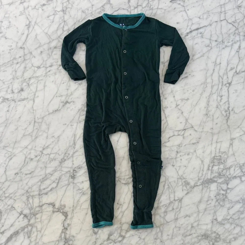 Kickee Pant Bamboo Sz 2T One Piece Sleeper Dark Green Seat Snap